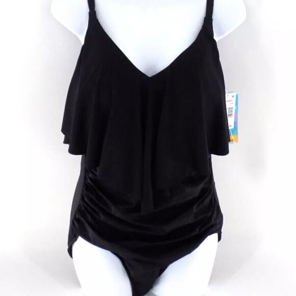 Swim Solutions One-Piece Swimsuit Size 12 Black Ruffle Tummy-Control - Picture 1 of 4